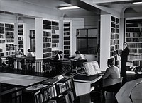 The Wellcome Building, Euston Road, London: the gallery in the Hall of Statuary as adapted for the Library, c. 1960. Photograph.