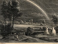 A rural landscape: a rainbow is in the sky as a man finishes building haystacks and two young women walk home. Engraving by S. à Bolswert after Sir P. P. Rubens.