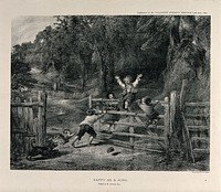 Five children play on a five-bar gate with a woodland in the background: one of the children is happy to be sitting hands-free on the top of the gate as it swings open. Process print after W. Collins.