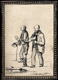 A man with a wooden leg sings while he is accompanied by a blind man playing the flute and a dog performing on its hind legs. Pen and ink drawing.