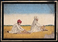 Two carpenters, possibly father and son, at work. Watercolour by an Indian artist.