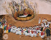 Sati (suttee): a widow immolating herself on her husband's funeral pyre, as a group of people look on. Gouache painting on mica by an Indian artist.