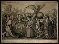 A procession of historical figures accompanying a car on which Time sits measuring the globe; representing the triumph of Time. Engraving by S. Pomarede, 1748, after G. Buti after Bonifacio de' Pitati.