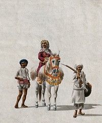 A jamindar (land owner) riding a horse accompanied by a guard and an attendant. Gouache painting by an Indian artist.