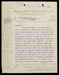 Memo from Clayton & Jowett, Ltd. : fellows of the Chemical Society, analytical & consulting chemists to the aerated water & brewing trades wholesale & export druggists.