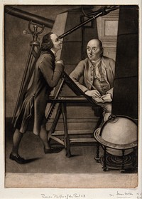 Astronomy: Thomas Phelps (left) and John Bartlett making astronomical observations in the observatory of the Earl of Macclesfield, Oxfordshire. Mezzotint by J. Watson, 1778.