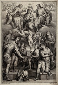 The Virgin being crowned in heaven with Saint Nabor and Saint Felix, Saint John the Baptist, Saint Francis, Saint Clare and Saint Catherine. Drawing by F. Rosaspina, c. 1830, after O. Samacchini.