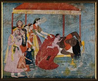 Lord Krishna killing Putana, the demon. Gouache painting by an Indian painter.