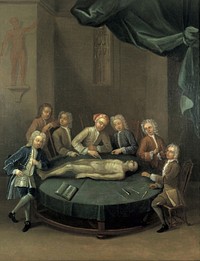 William Cheselden giving an anatomical demonstration to six spectators in the anatomy-theatre of the Barber-Surgeons' Company, London. Oil painting, ca. 1730/1740.