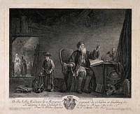 A physician examining a urine specimen, his young assistant is holding a large flask, in the distance is the patient with her mother. Engraving by J. Le Veau after M. Bilcoq.