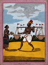 A begging Brahman carrying some rice accompanied by his wife. Gouache drawing.
