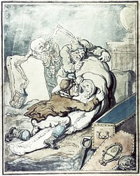 Two men placing the shrouded corpse which they have just disinterred into a sack while Death, as a nightwatchman holding a lantern, grabs one of the grave-robbers from behind. Coloured drawing by T. Rowlandson, 1775.