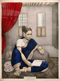 A seated Indian woman looks at her pocket watch, with a book on her knee. Chromolithograph by an Indian artist,1800s.