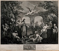 Christ cures the paralytic at the therapeutic pool of Bethesda. Engraving by S.F. Ravenet and V.M. Picot, 1772, after W. Hogarth.