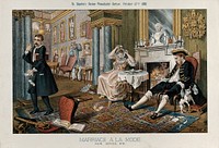 A man (Lord Hartington) and his wife (Radicalism) having breakfast in a richly decorated room, the morning after a card party. Colour lithograph by Tom Merry after W. Hogarth, 17 October 1885.
