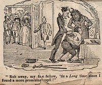 A devil overseeing a man having his back scrubbed; representing John St. John Long and his fatal method of treatment.