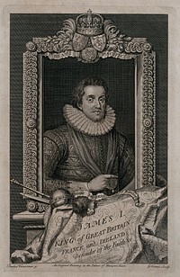 King James I of England and VI of Scotland. Engraving by G. Vertue, ca. 1732, after P. van Somer.