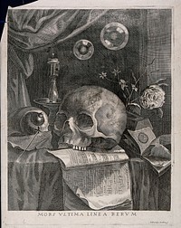 A skull resting on sheet music. Line engraving with etching by J.F. Mutilana.