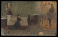 A woman praying for a child, with intercessors in a fire. Oil painting by an Italian painter, 1887.