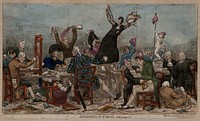 A rowdy dinner of British political radicals at John Horne Tooke's house in Wimbledon: Tooke and Burdett wear bonnets rouges. Coloured etching by Thomaso Scrutiny (Samuel De Wilde), 1808.