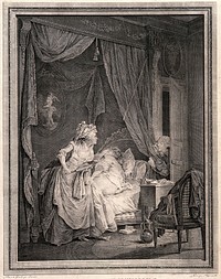 A gentlemen pays an unexpected call on a lady friend only to discover she is in the middle of having an enema. Line engraving by F. Dequevauviller, 1786, after N. Lafrensen the younger.