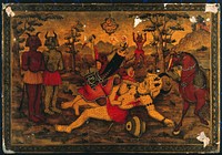 Fateh 'Ali Shāh in the guise of Rustam, slaying the White Div. Gouache painting by a Persian artist, Qajar period.