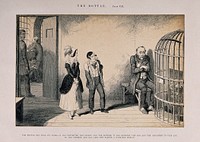 A maniacal man is visited in prison by his children, all ruined through his drinking habit. Reproduction of an etching by G. Cruikshank, 1847, after himself.