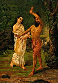 Viswāmitra rejecting his daughter Sakuntalā's birth. Chromolithograph by R. Varma.