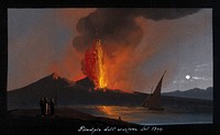Mount Vesuvius in eruption at night, with smoke, fire, and lava, over the Bay of Naples. Gouache, 1794.