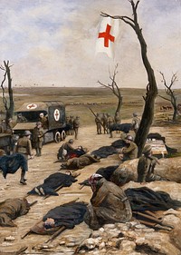 World War I: an advanced dressing-station by the roadside. Oil painting attributed to Francis James Barraud.
