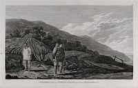 A man and a woman of Norton Sound, Alaska, in front of their hut; encountered by Captain Cook on his third voyage (1777-1780). Engraving by B.T. Pouncy, 1784, after J. Webber.