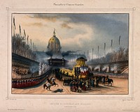The funeral cortege for Napoleon Bonaparte arrives at the Domes des Invalides in Paris in 1840. Coloured lithograph by A. Cuvillier after P. F. Lehnert.