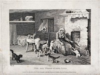 An old lady is enraged when her cats disturb her stoking the fire. Etching by W. S. Howitt.