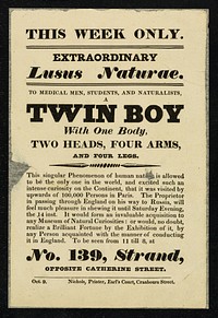 [Leaflet advertising appearances by "A twin boy with one body, two heads, four arms and four legs" at 139 The Strand, London].