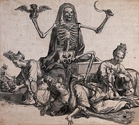 Death tramples on three female allegorical figures representing sensual pleasures. Pen and ink drawing, ca. 1700.