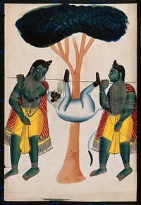 Two men carrying a captured monkey tied to a pole, possibly Hanuman. Watercolour drawing.
