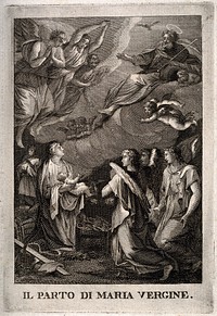 The birth of Jesus Christ, the Virgin Mary presents him to God and the angels. Engraving.