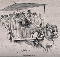 A horse-drawn carriage is carrying passengers from the country to celebrate the birthday of Napoleon I in Paris. Wood engraving, 1852.