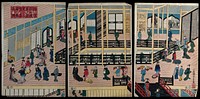 Interior of Iwakame House, Yokohama Minatosaki licensed pleasure district: Western visitors are shown being entertained in a back room. Colour woodcut by Yoshikazu, 1860.