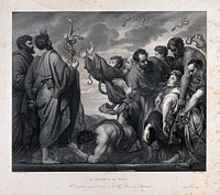 Moses and Eleazar reveal the brazen serpent to the people afflicted with snakebite. Lithograph by A. Blanco after P.P. Rubens.