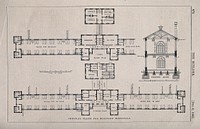 An official floor plan and transverse section with scale for new military hospitals, c. 1862. Wood engraving after D. Galton.