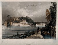 Schuylkill Water Works, Philadelphia: panoramic view with the river. Coloured engraving by J.C. Armytage after W.H. Bartlett.