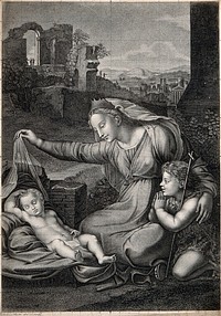 Saint Mary (the Blessed Virgin) with the Christ Child and Saint John the Baptist. Engraving by L.C. Ruotte after G.F. Penni.
