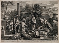 One of the seven Acts of Mercy: burying the dead. Line engraving by S. Bourdon after himself.