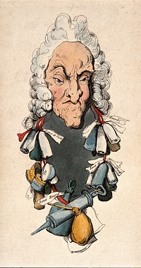 A physician with a garland of bottles, pill boxes and a clyster-pipe. Coloured etching after T. Rowlandson.