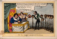 King George IV with Lady Conyngham inspecting wigs on wig-stands presented by a Frenchman; representing a disagreement in the cabinet with the 'Canning-ites' over the Corn bill. Coloured etching by T. Jones, 1828.