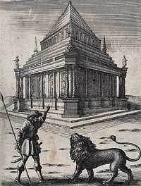 A forester stand with his spear in his hand before a lion and points to the tomb of Mausolus and a statue of a lion laying its head in a man's lap; illustration of a fable by Aesop. Etching.