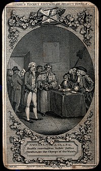 A young man (William Booth) stands before a table at which sit a magistrate and his clerk; a boy whispers something into the magistrate's ear. Engraving by J. Saunders after S. de Wilde.