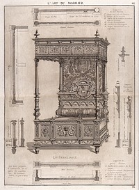 Cabinet-making: design for a "four-poster" bed. Etching by J. Verchère after himself, 1880.