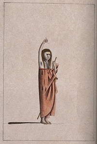 A Hindu ascetic or holy man: standing, with his right arm raised above his head. Drawing, ca. 1880 .